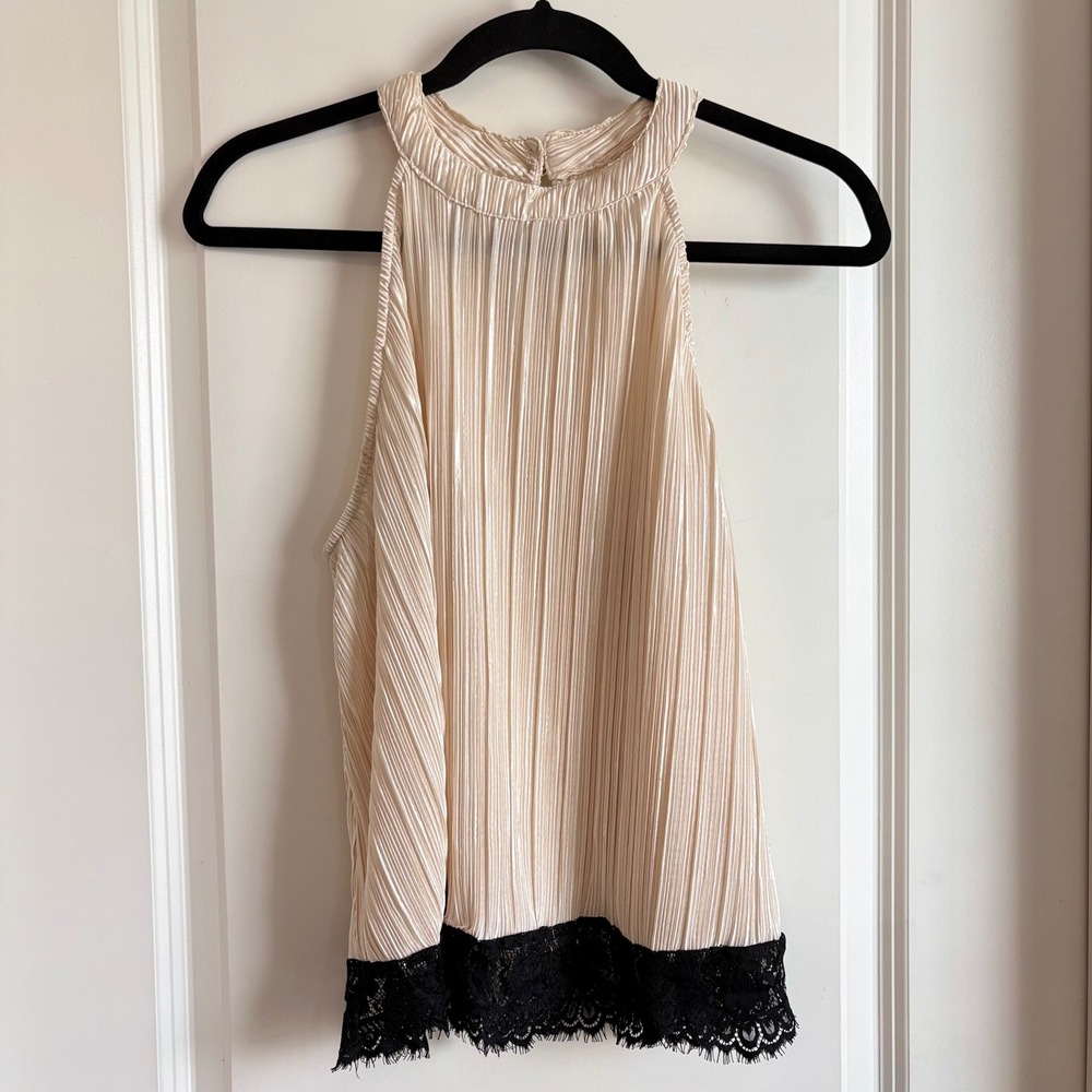 Iris LA Pleated Dressy Halter Satin Blouse Champagne Black Lace Dinner Party (L)